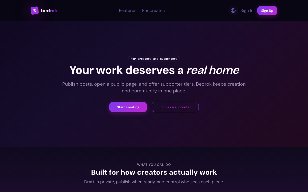 Bedrok creator platform landing page with publish and grow messaging
