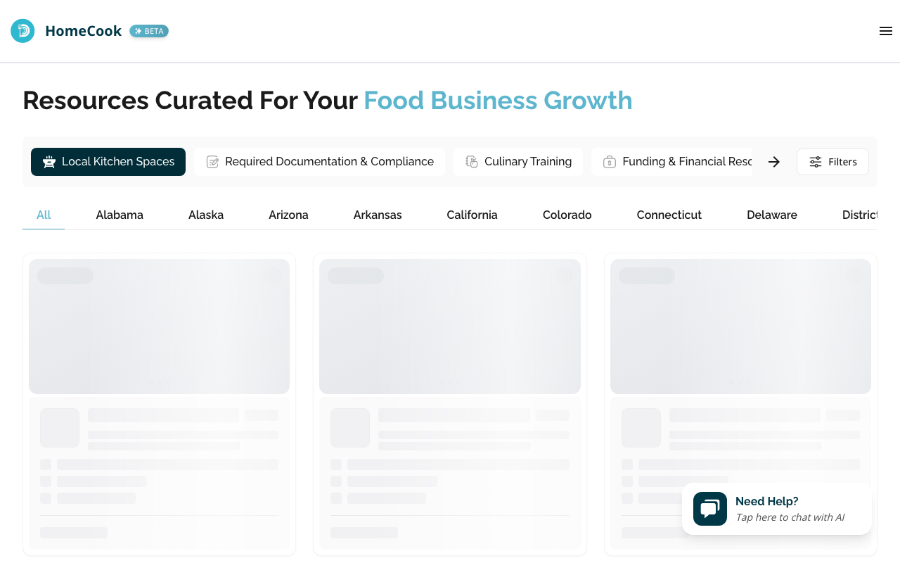 HomeCook resource directory with kitchen space search and location filters