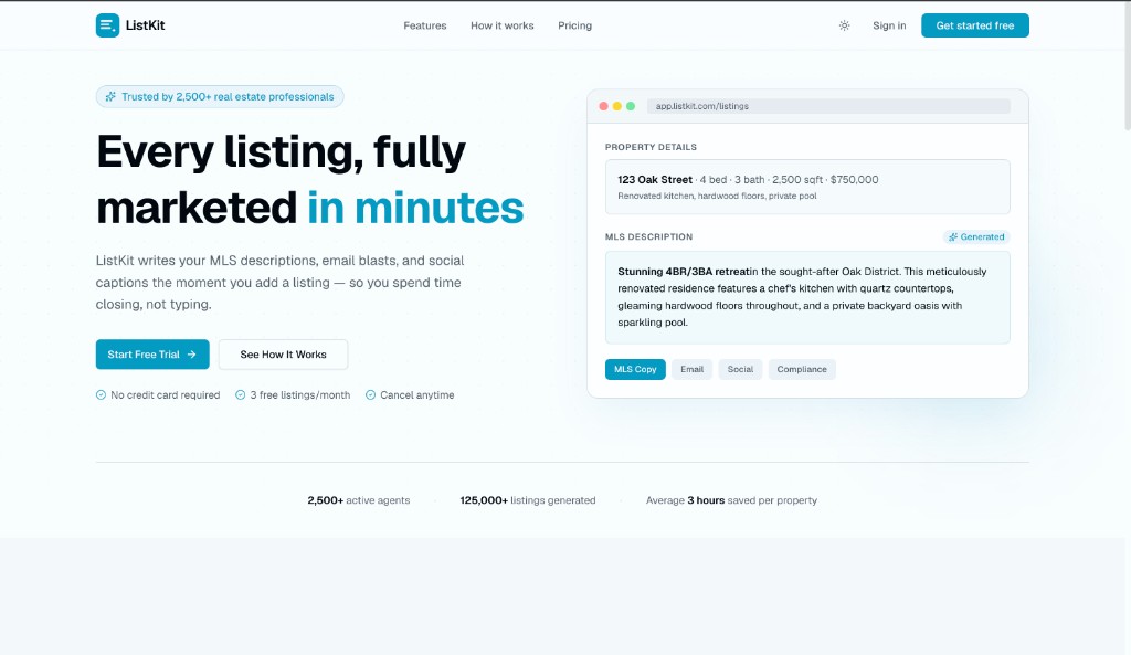 ListKit landing page with AI-generated MLS copy for a property listing